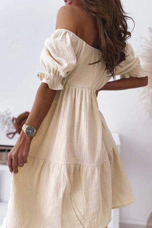 Apricot Puff Sleeve Square Neck Smocked Babydoll Dress