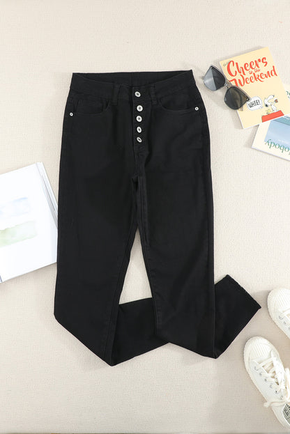 White Plain Buttons Frayed Raw Hem High Waist Denim Jeans