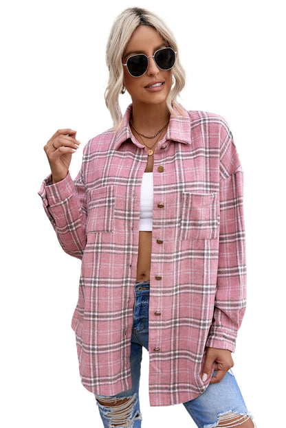 Black Casual Plaid Pattern Buttoned Shirt Shacket with Slit