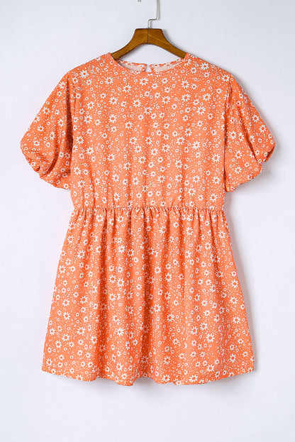 Orange Floral Boho Bishop Sleeve Short Dress