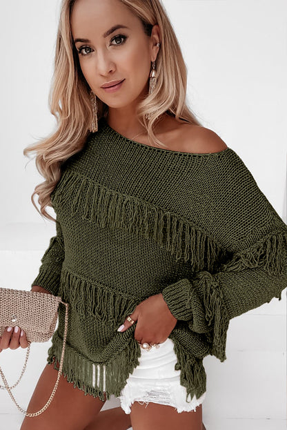 Green Boho Fringe Tasseled Knitted Sweater