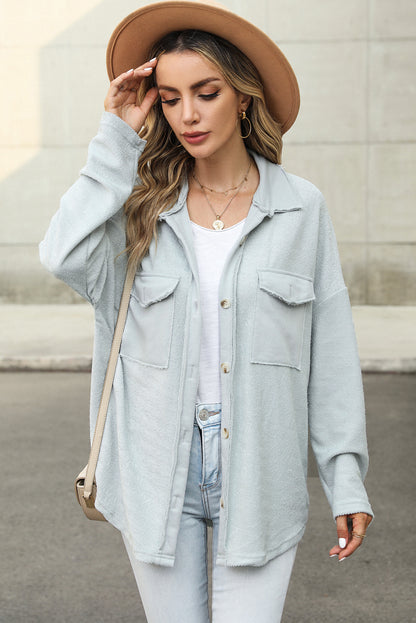 Black Plain Textured Button Up Shirt Shacket with Flap Pockets