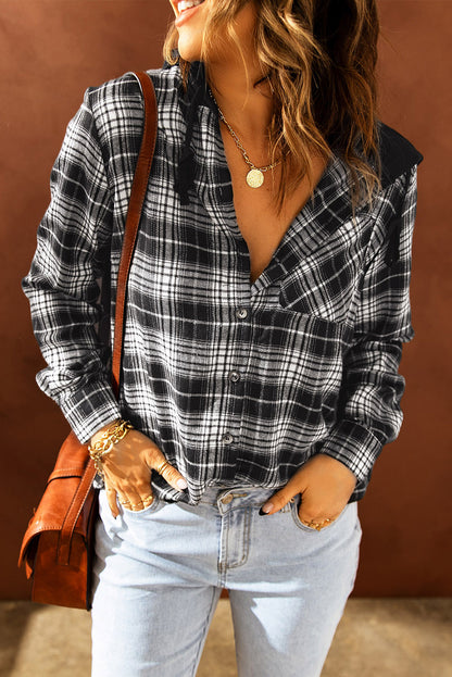 Khaki Drawstring Plaid Hooded Shirt Shacket