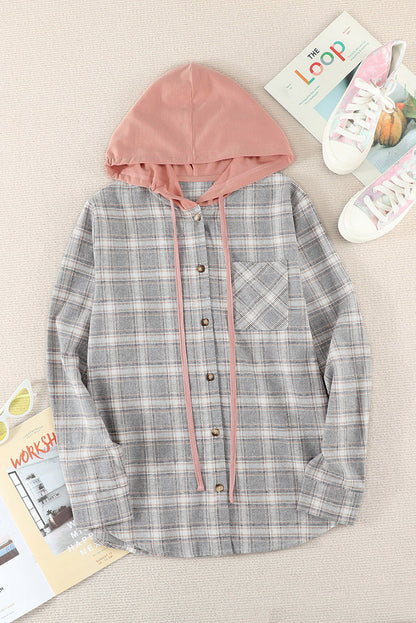 Khaki Drawstring Plaid Hooded Shirt Shacket