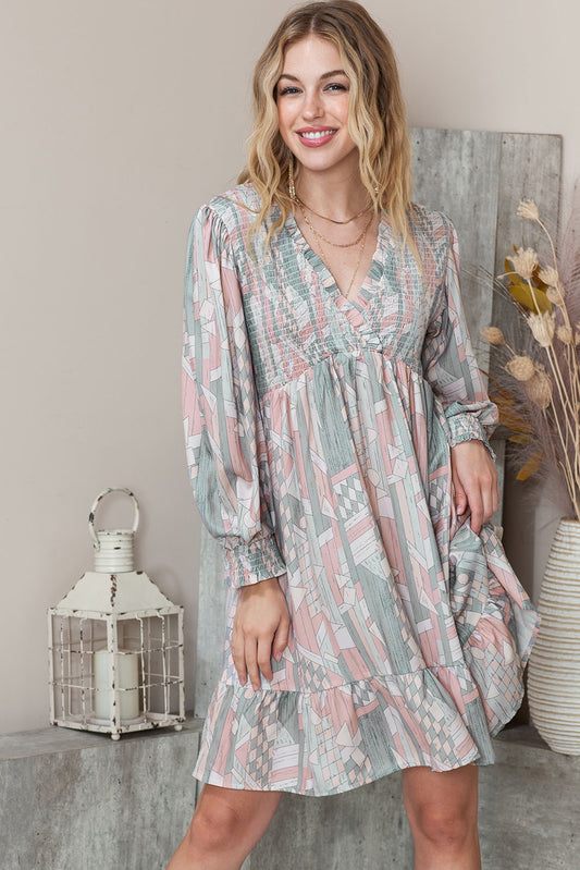 Multicolor Abstract Print Bishop Sleeve Smocked V Neck Dress