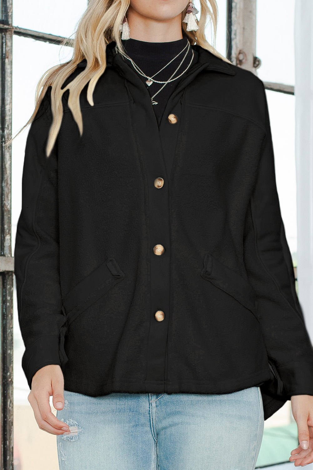 Beige Button-Up Stitching Pocketed Shacket