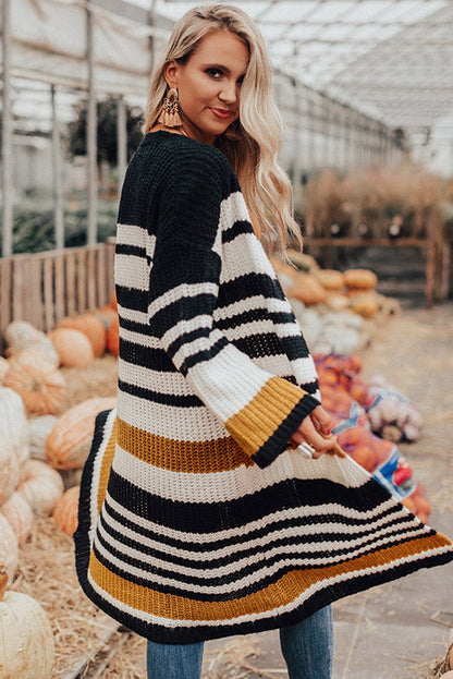 Striped Drop Shoulder Open Front Long Cardigan