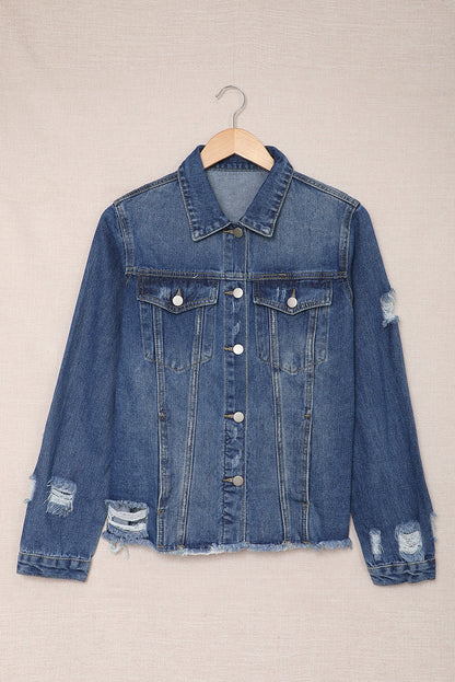 Black Casual Distressed Raw Hem Buttons Denim Jacket