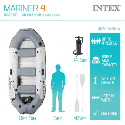 4-Person Inflatable Boat Set with Aluminum Oars and High Output Air Pump for Fishing and Boating in Rivers and Lakes