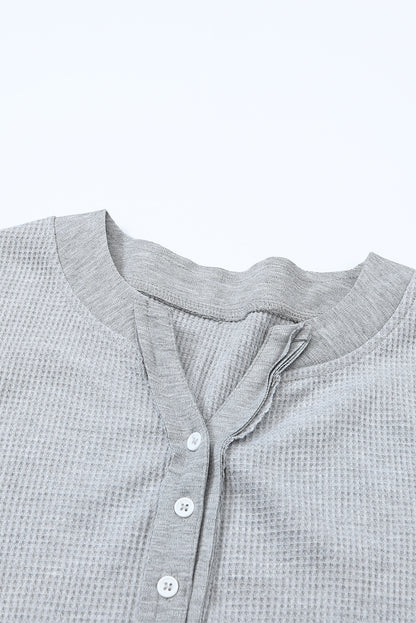 Gray Solid Color Waffle Knit Long Sleeve Henley Shirt