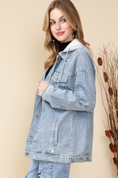 Light Blue Button Up Ripped Hooded Denim Jacket