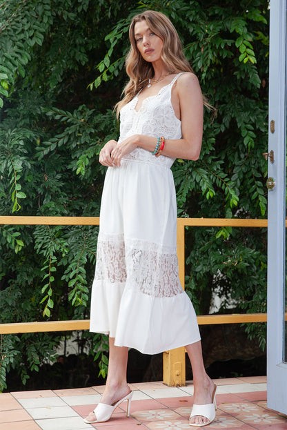 White Elegant Lace Deep V Wedding Guest Sleeveless Maxi Dress