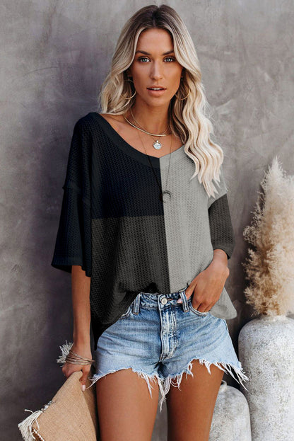 Multicolor Waffle Colorblock Long Sleeve Oversized Top