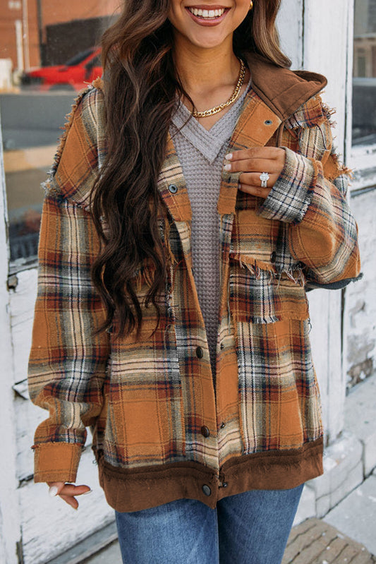 Orange Plaid Patchwork Frayed Trim Snap Button Hooded Jacket