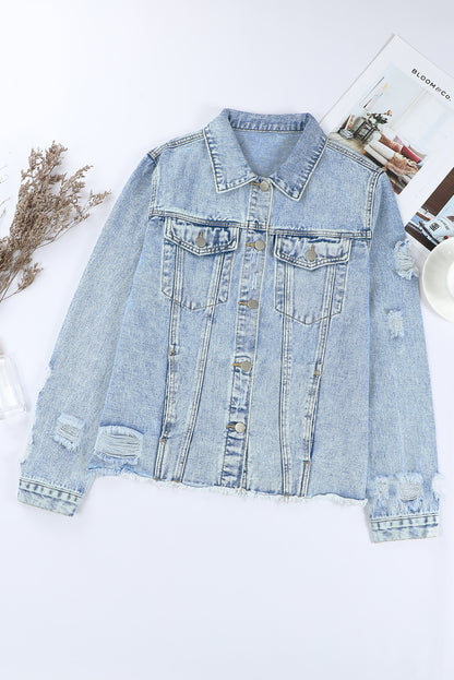 Black Casual Distressed Raw Hem Buttons Denim Jacket