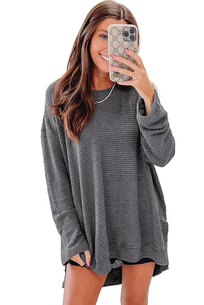 Green Waffle Knit Drop Sleeve High Slits Oversized Top