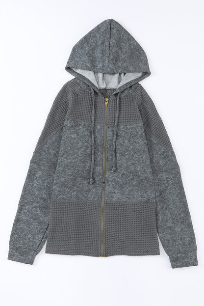 Khaki Dark Washed Patchwork Zip Up Hooded Jacket