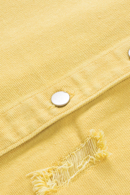 Yellow Distressed Raw Hem Denim Jacket with Chest Pockets