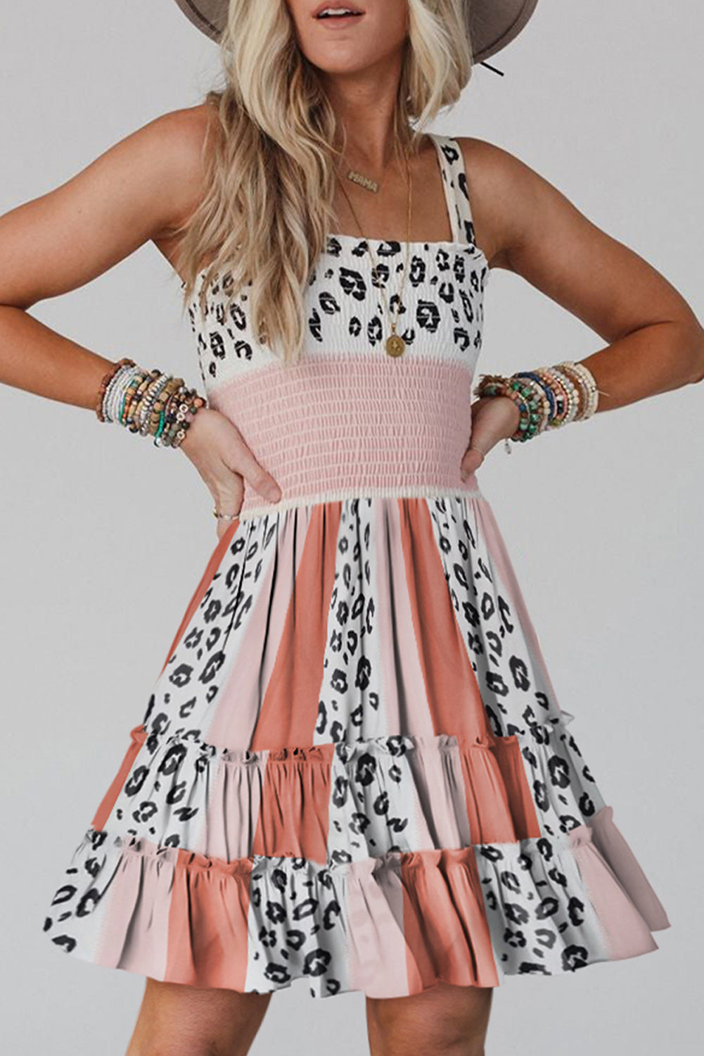 Orange Leopard Striped Strap High Waist Smocked Short Dress