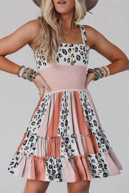 Orange Leopard Striped Strap High Waist Smocked Short Dress