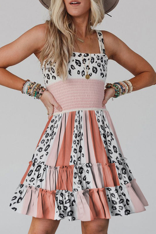 Orange Leopard Striped Strap High Waist Smocked Short Dress