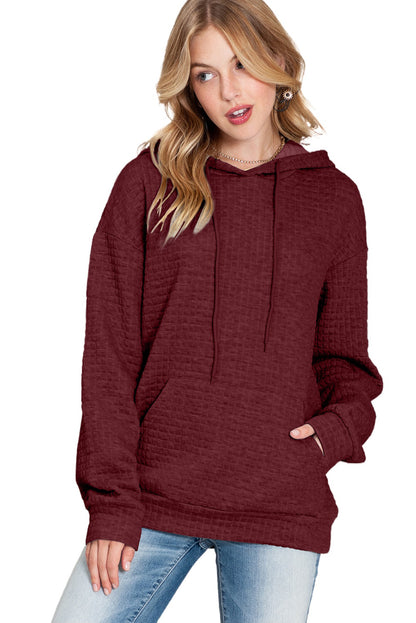 Khaki Lattice Textured Kangaroo Pocket Drawstring Hoodie