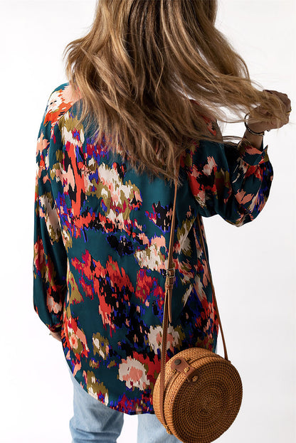 Green Graffiti Colorblock Casual V Neck Puff Sleeve Blouse