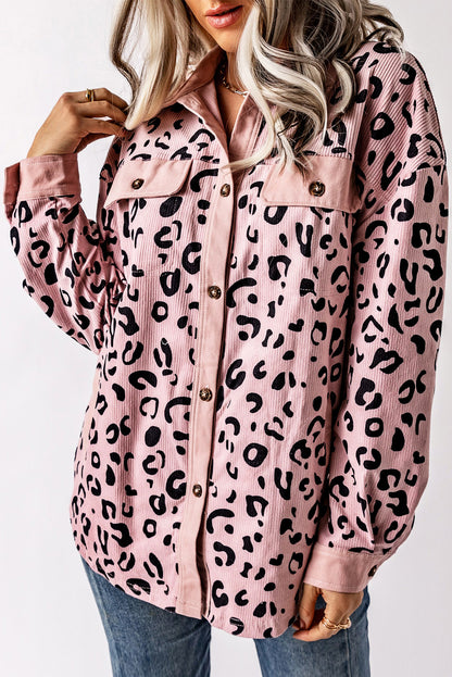 Apricot Leopard Collared Neckline Flap Pockets Corduroy Shacket