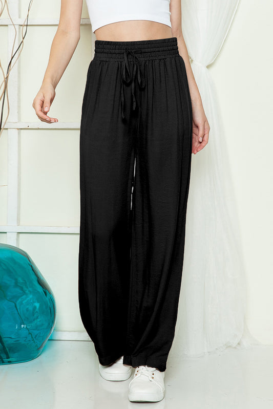 Black Casual Drawstring Shirred Elastic Waist Wide Leg Pants