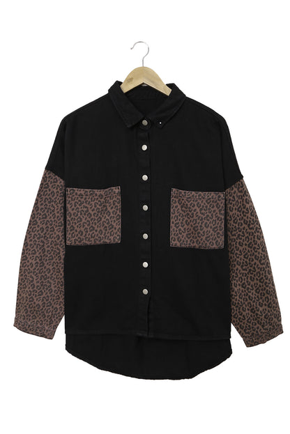 Black Contrast Leopard Denim Shacket