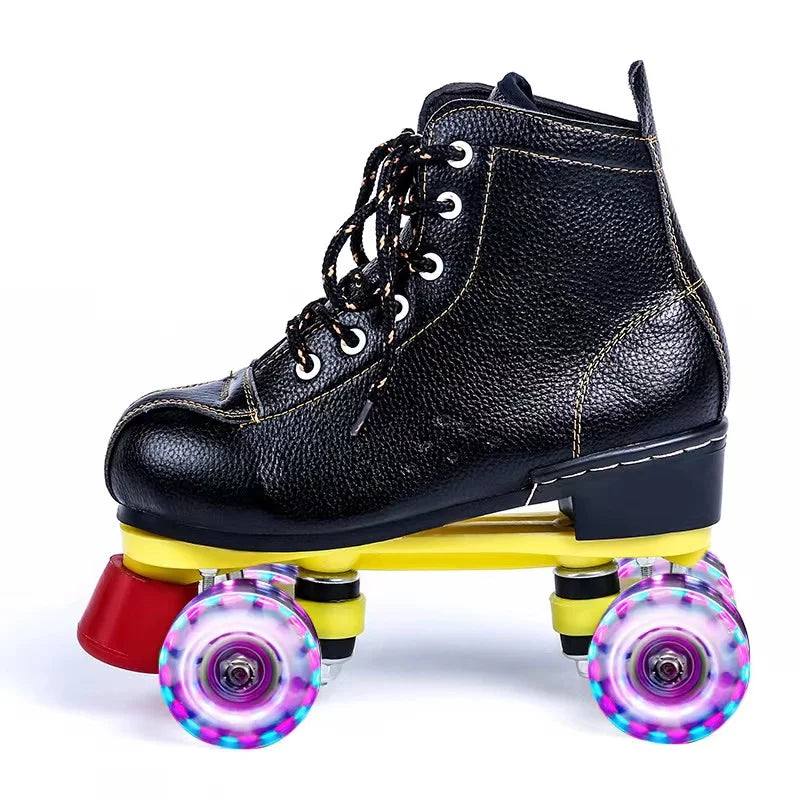 Genuine Leather Training Quad Roller Skates Shoes with Flash Wheels