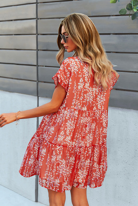 Red Floral Print V Neck Ruffle Short Dress