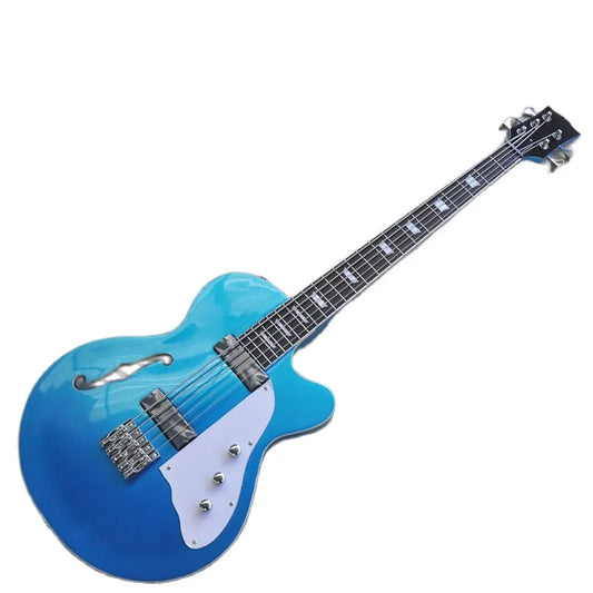 5 Strings Semi Hollow Metal Blue Electric Bass Guitar with Rosewood Fretboard,22 Frets