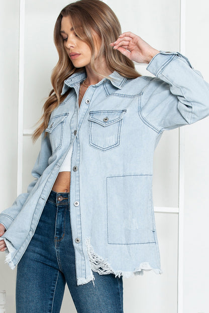 Light Blue Flap Pocket Buttoned Raw Hem Denim Shacket