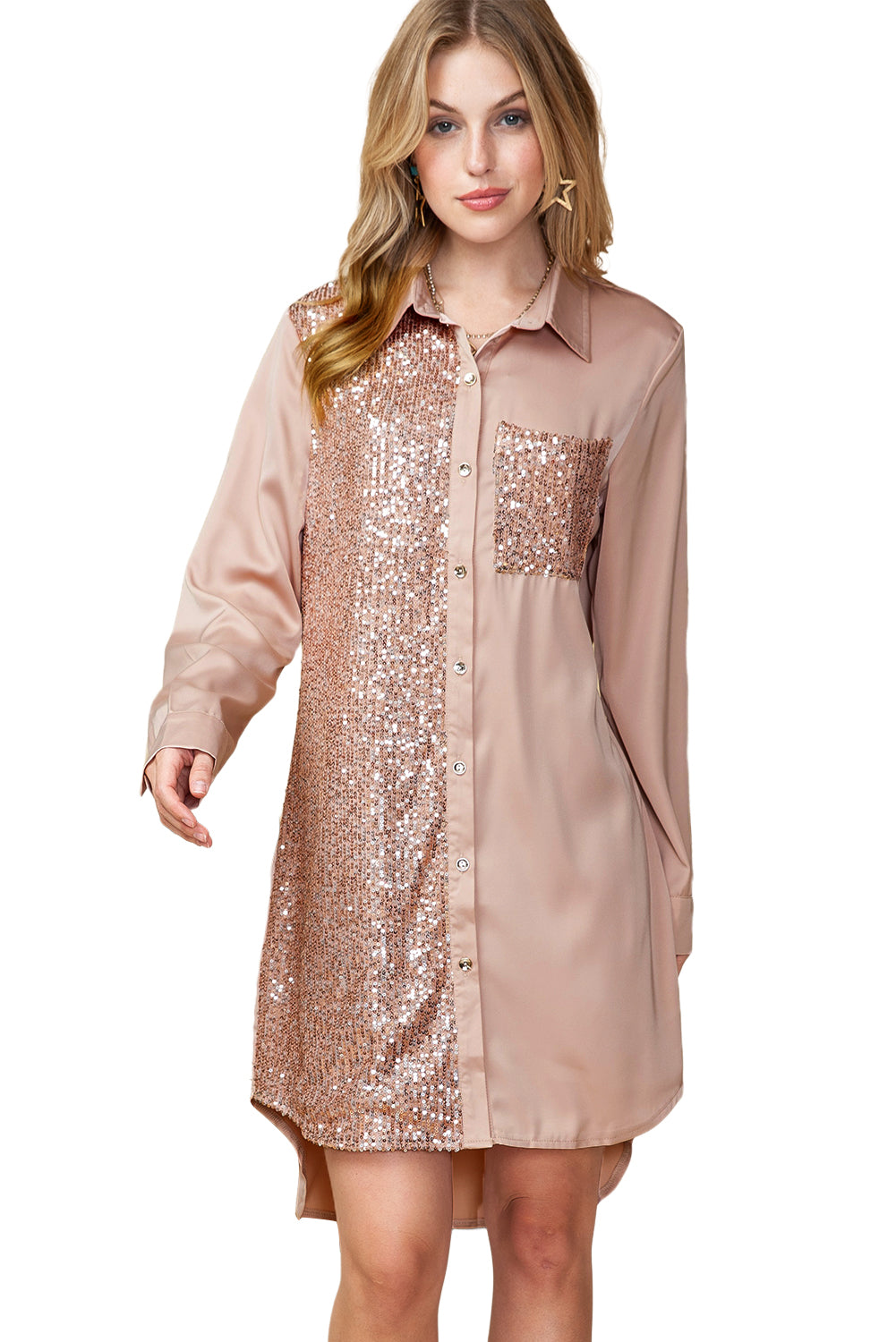 Khaki Sequin Splicing Pocket Button Shirt Dress