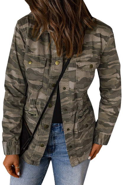 Green Camo Print Pockets Button Up Jacket