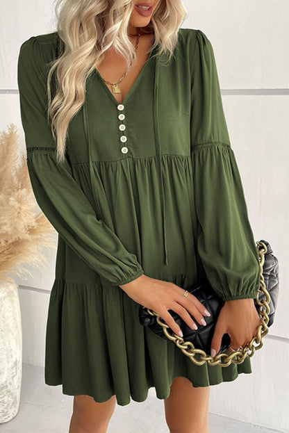 Verdant Bishop Sleeve Tie Front Tiered Pleated Short Dress