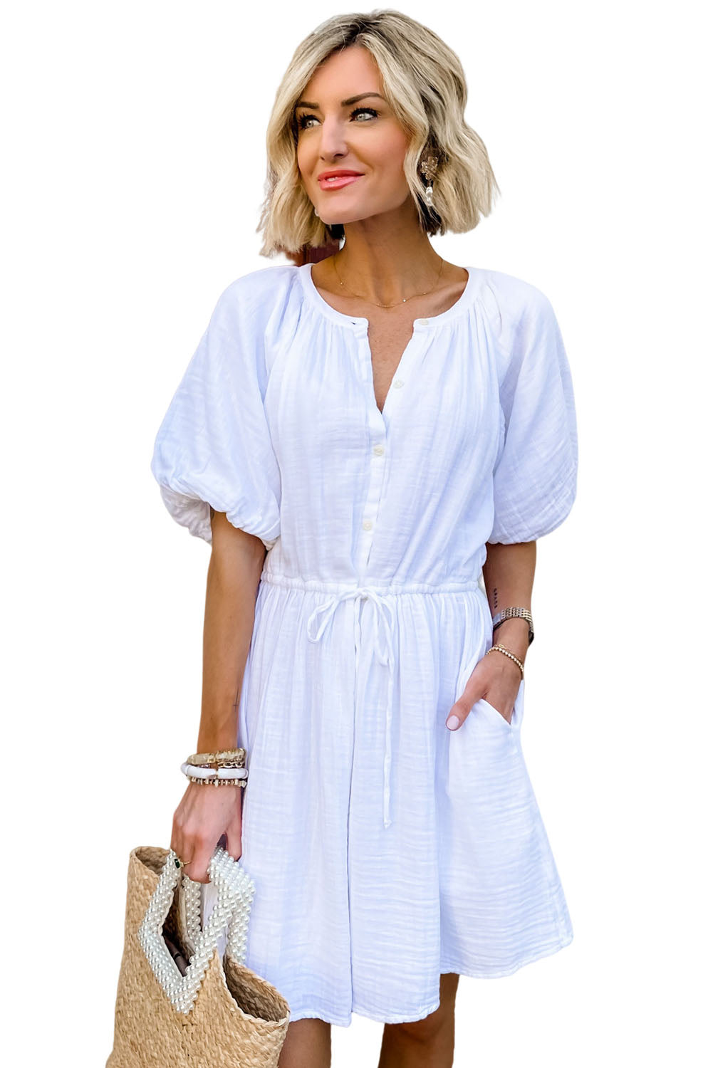White Puff Sleeve Drawstring Shirt Dress with Pockets