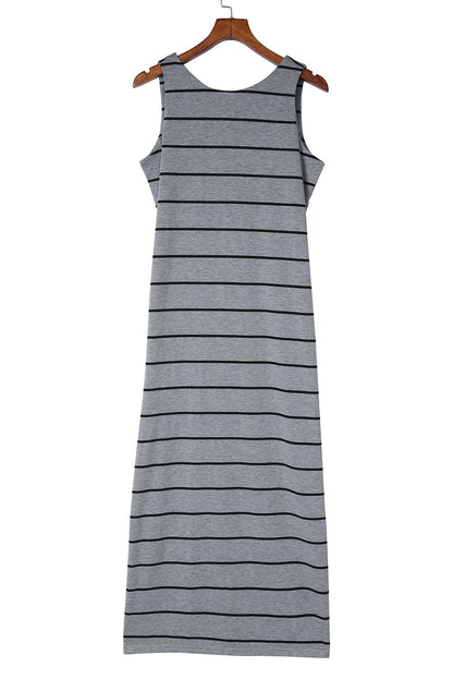 Brown Striped Backless Casual Side Slits Maxi Dress