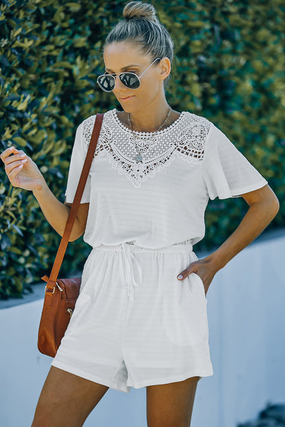 White Casual Crochet Neck Drawstring Romper