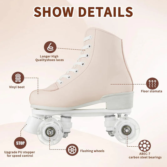 Women's Colorful Outdoor Hi Top PU Leather Quad Roller Skates with LED Wheels
