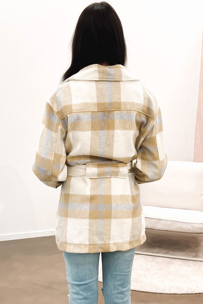 Black Plaid Button-Up Flap Pocket Belted Jacket