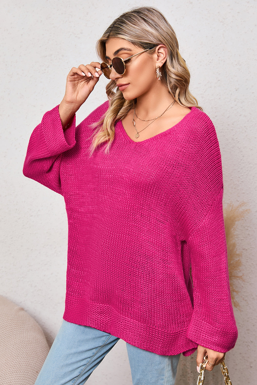 Apricot Knitted V Neck Drop Sleeve Oversized Sweater