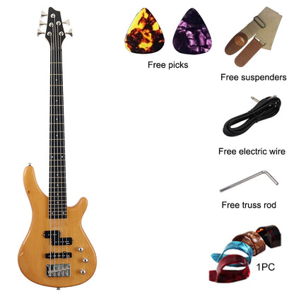 High Gloss Natural Electric Bass Guitar 5 String 43 Inch, Solid Bassood Body