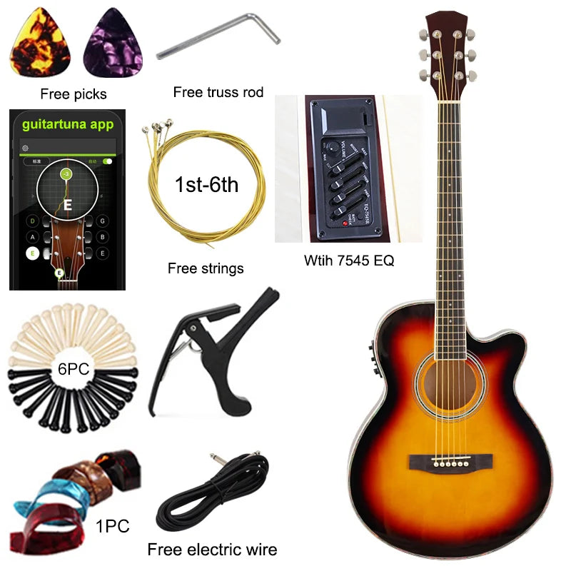 40" Beginner's Thin Body Acoustic Electric Guitar Kit with Accessories - Various Colours
