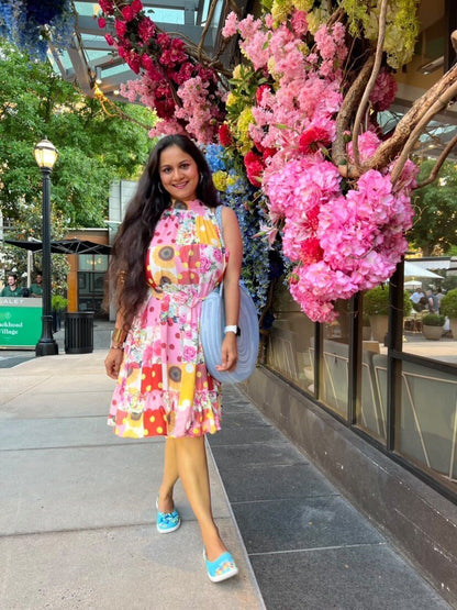 Floral Print Buttoned Waist Belted Sleeveless Flounce Hem Halter Dress