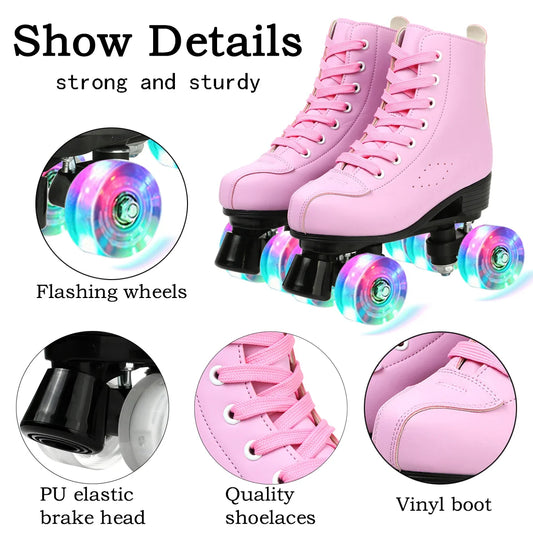 Solid Color PU Leather Quad Roller Dance Skates with LED Wheels
