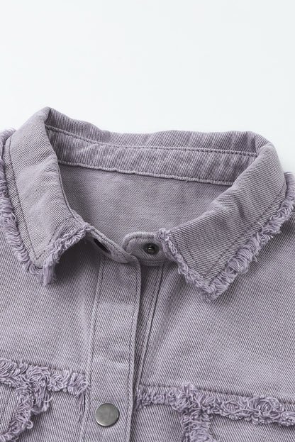 Green Distressed Flap Pockets Frayed Hem Denim Jacket