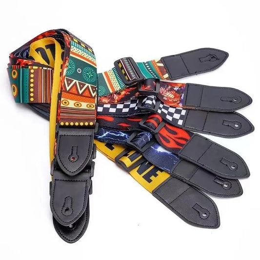 1pc Ethnic Style Widened Acoustic Guitar Strap Leather Head Adjustable Shoulder Strap for Guitar
