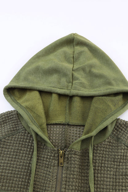 Khaki Dark Washed Patchwork Zip Up Hooded Jacket